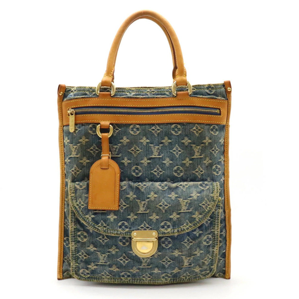 LOUIS VUITTON Monogram Denim Flat Shopper Tote Bag Handbag gusset blue